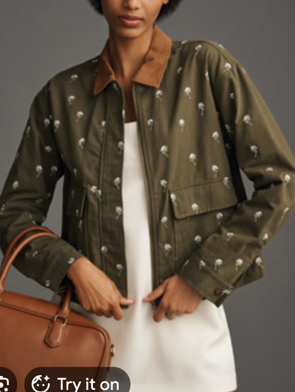 Dolan Olive Floral Embroidered Jacket with Brown Collar/ Size Small